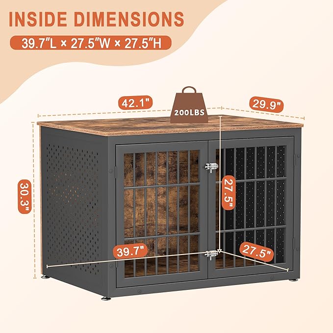 rehomerance 42" Heavy Duty Dog Crate Furniture for Large and Medium Dogs, Enclosed Design Wooden Metal Kennel, Wooden Cage Furniture Indoor, Decorative Dog Kennel End Table