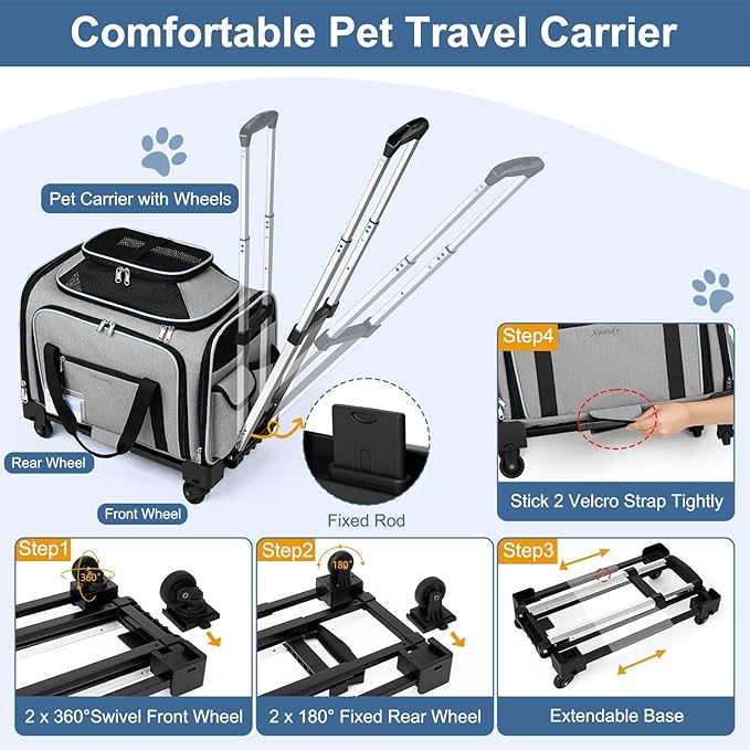 Airline Approved Pet Carrier with Wheels, Top & Side Expandable Soft-Sided Bag, 18x11x11 inches Fits Under Seat for Small Dogs Cats, Double-Sided Mat & ID Card for Travel Vet Visits Camping