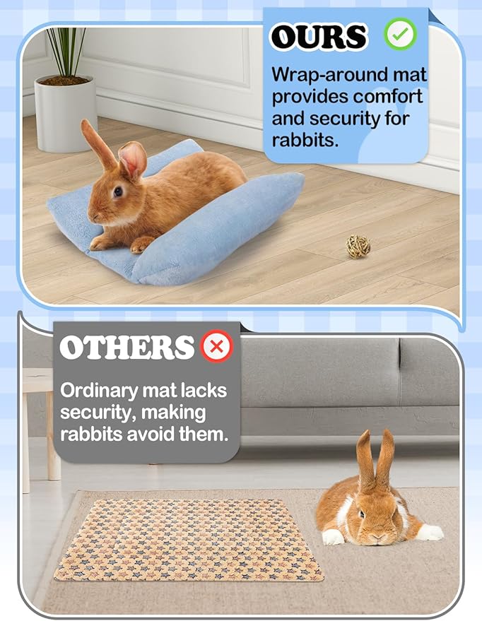 MEWTOGO 15.7" x 14" Bunny Bed for Rabbit Cage - Thickened Soft Prevent Sore Hocks Plush Mat with Cotton Lounger Pillows, Small Animal Flop Mat for Hutch Sleeping Indoor, Light Blue