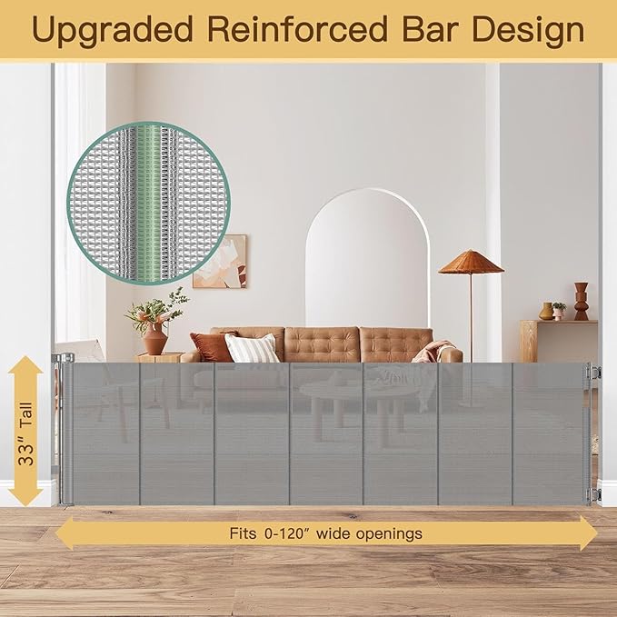 Reinforced 120 Inch Extra Wide Retractable Baby Gate with Support Rods, 33” Tall Retractable Pet Gate for Dogs, Indoor/Outdoor 10 Feet Mesh Child Gates for Wide Openings, Extra Wide Dog gate, Gray