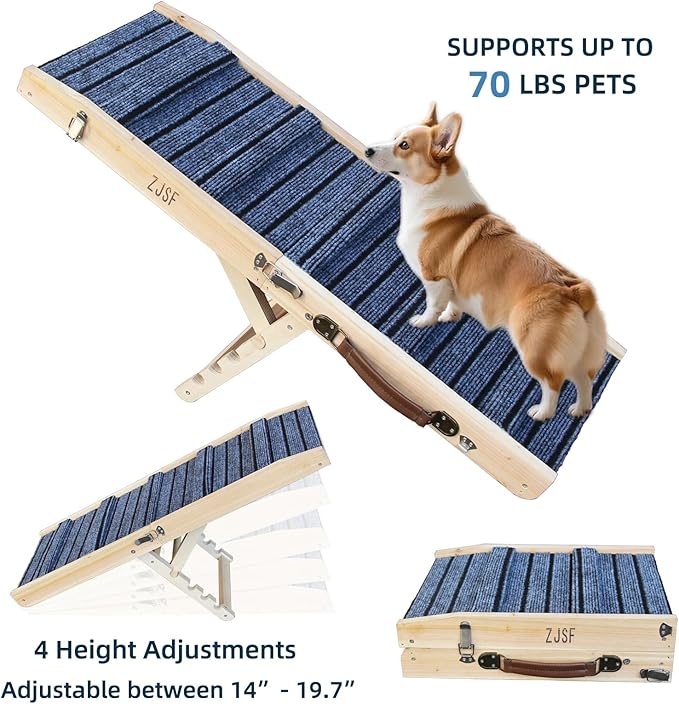 ZJSF Foldable Wooden Dog Ramp for High Bed, Dog Stairs for Small Dogs, High Traction Platform with 4 Adjustable Heights (14"-19.7"), 33", Supports up to 70 lbs