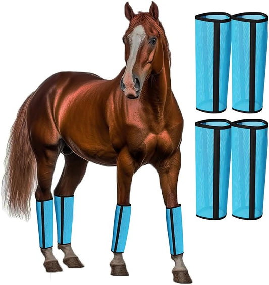 Fly Boots for Horses Set of 4 Breathable Textilene Mesh Horse Fly Boots with Stable Support & UV Protection, Comfortable Equine Boots, Reduces Stomping, Leg Fatigue & Hoof Damage.(Blue)