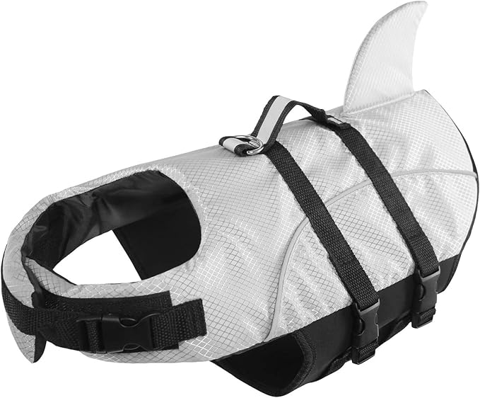 Ripstop Dog Life Jacket Shark Life Vest for Dogs, Safety Lifesaver with High Buoyancy and Lift Handle for Small and Medium Breeds（Grey L）