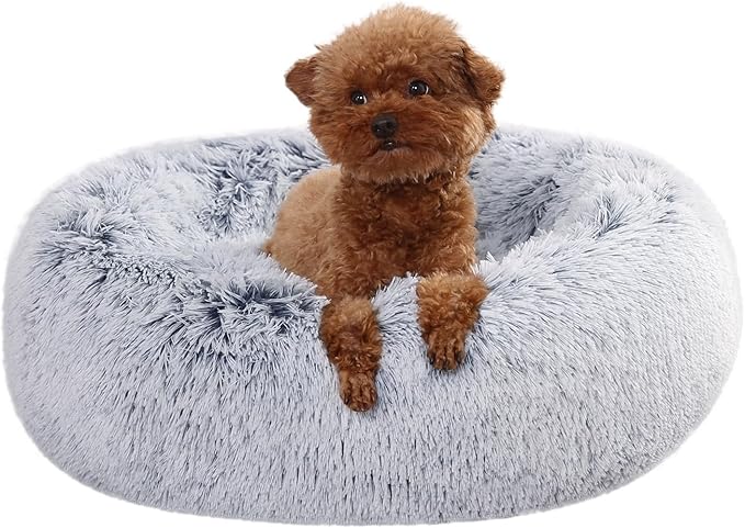 Amazon Basics Washable Donut Pet Bolster Faux Fur Bed with Removable Cover, Anti-Slip Bottom for Dog, Grey, 23" x 23"