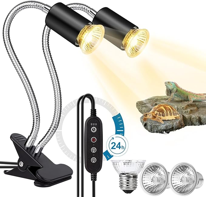 Reptile Heat Lamp, Double-Head Reptile Light Timer, UVA UVB Reptile Light with Clamp for Tortoise, Leopard Gecko, Bearded Dragon, Lizards and More, E26/27 Base with 3 Bulbs