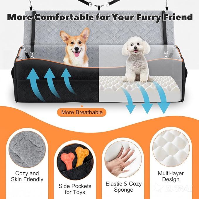 VavoPaw Car Seat for Large Dog, Dog Booster Seats for 2 Medium or 3 Small Dogs Under 100Lbs, Pet Car Seats with 2 Safety Leashes, Dogs Sofa Bed Cushion Add Thick Sponge, Pet Cars Carrier for Travel