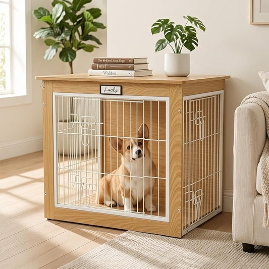 Oak Dog Crate Furniture with Reversible Side Door, 28'' Wooden Indoor Dog Kennel for Small Medium Dogs, Furniture Style End Table Dog Crate with Double Locks, Steel Mesh Dog Cage