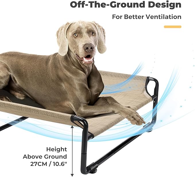 Veehoo Raised Dog Beds for XXL Dogs, Washable Dog Cot with Headrest Sides, Outdoor Elevated Dog Bed with Non-Skid Feet, Breathable Mesh, Cooling Pet Hammock for Indoor or Camping, 59", Beige