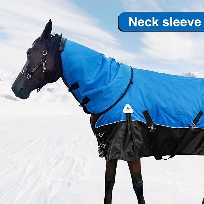 Turnout Blanket for Horses, Waterproof Thickened Horse Sheet with Detachable Neck Cover,1600D Nylon Outer, 400g Heavy Weight Filling, Blue (US 72IN(EU 135cm))