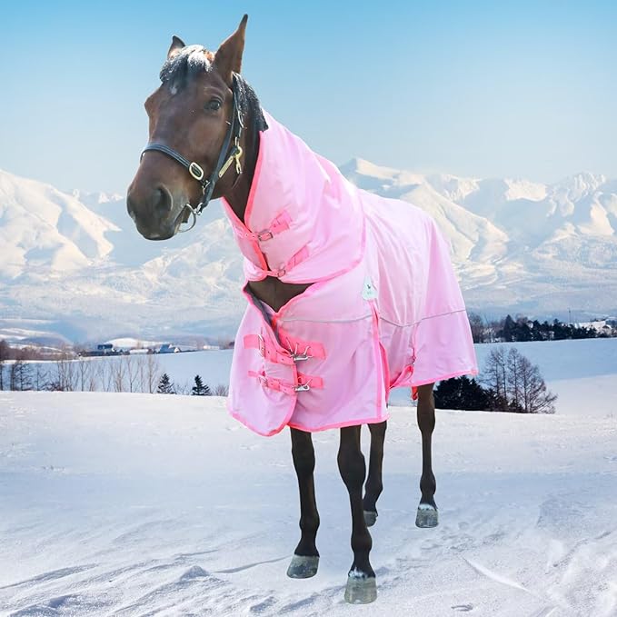 Turnout Blanket for Horses, Waterproof Thickened Horse Sheet with Detachable Neck Cover,1600D Nylon Outer, 400g Heavy Weight Filling (Pink, US 72IN(EU 135cm))