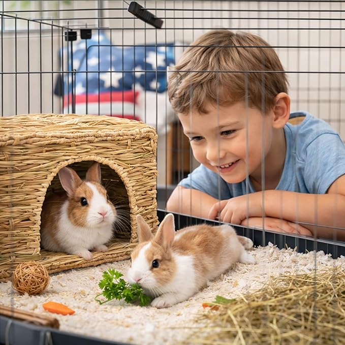 HERCOCCI Extra Large Grass House for Rabbit, Foldable & Comfortable - Small Animal Hut Play Hideaway Bed Hay Mat Chew Toy for Bunny Guinea Pig Hamster Chinchilla (1 Pack)