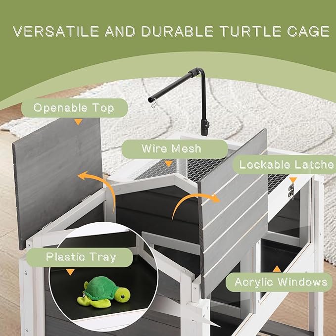 TITIMO Tortoise Habitat with Lamp Holder and Storage Shelf, Tortoise Enclosure Indoor Outdoor with Detachable Legs, Wooden Turtle House Reptile Cage with Tray for Small Animals