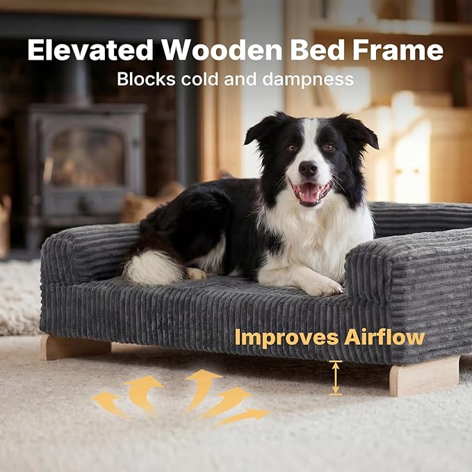 Veehoo Elevated Dog Bed Indoor, Wood Furniture Style Dog Couch Sofa with Removable Washable Cover, Cute & Durable Dogs Bed Furniture for Medium Size Dogs Up to 60 lbs