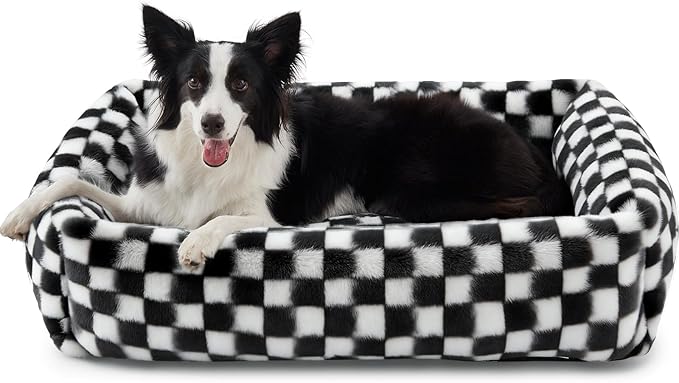 JOEJOY Dog Bed Medium Size Dog, Removable Washable Cover Orthopedic Soft Pet Bed, Anti-Slip Fluffy Plush Faux Rabbit Fur Puppy Bed, 30"x24"x8", Checkered, Black