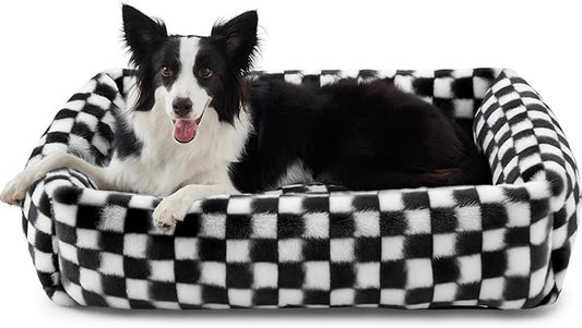 JOEJOY Dog Bed Medium Size Dog, Removable Washable Cover Orthopedic Soft Pet Bed, Anti-Slip Fluffy Plush Faux Rabbit Fur Puppy Bed, 30"x24"x8", Checkered, Black
