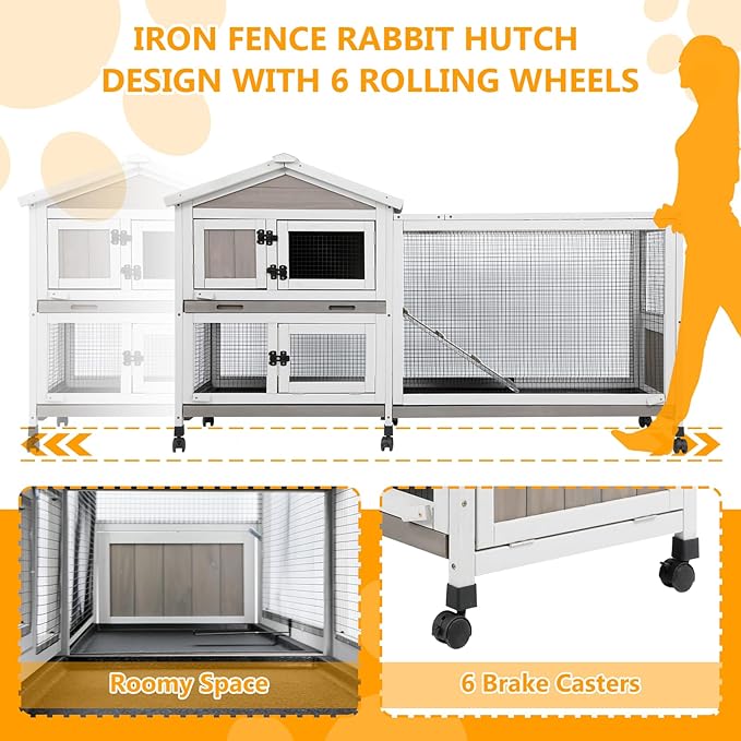 Gowoodhut Outdoor Rabbit Hutch Indoor Bunny Hutch 2 Story Weatherproof Bunny Cage with 6 Wheels, 3 Seperate Pull Out Trays, Safe Metal Run, Wooden Pet House for 1-3 Guinea Pigs, Hamster