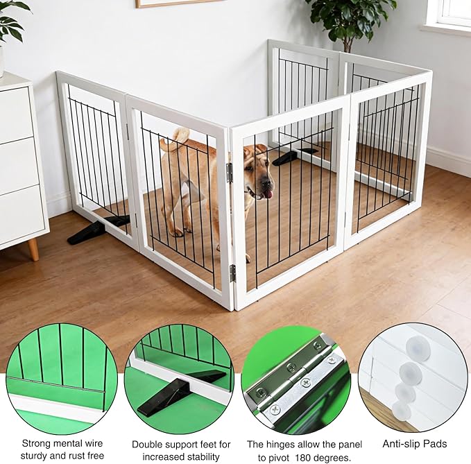 ZJSF Freestanding Dog Gate Indoor, Foldable Dog Fence for Doorways,Hallways or Stairs, Sturdy Wood Extra Wide Pet Gate with Support Feet,White,32 "Height-6 Panels