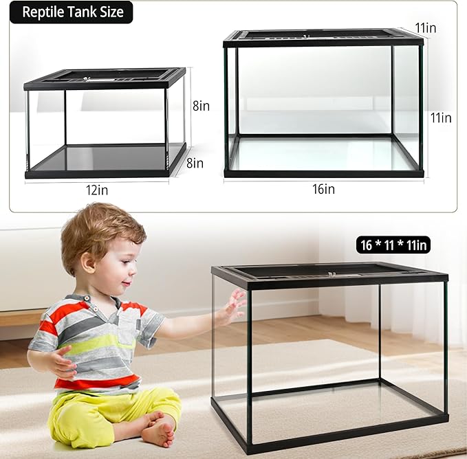 5-in-1 Glass Reptile Tank Starter Kit 8.3 Gal 16x11x11in Full View Reptile Enclosure with Thermo-Hygrometer & Hide for Juvenile Leopard Gecko, Tarantula, Lizards, Spiders, Hermit Crabs & Frogs