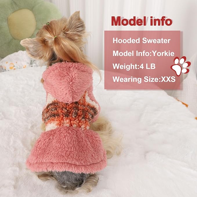 DaFuEn Dog Sweater,Dog Dress, Dog Sweaters Dresses for Small Dogs,Cute Warm Fleece Hooded Sweater for Small Dogs, Plaid Puppy Dresses Clothes Chihuahua Yorkie Cat Apparel （A-Pink,XXS