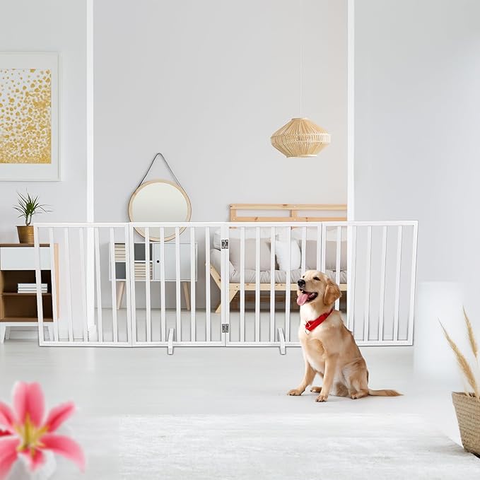 BONNLO Free Standing Dog Gate Indoor, Foldable Pet Gate for Dogs and Puppy, 24" Height Wooden Dog Gates for Doorways Extra Wide/Stairs/Hallways (White, 4 Panel)