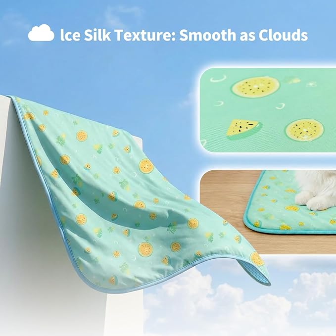 NWK Pet Cooling Mat -Q-Max>0.345 Ice Silk Cooling Mat for Dogs & Cats Portable & Washable Pet Cooling Blanket, Car Seats, Beds for Summer (Green Fruit, 27'' X 20'' X 0.3'')