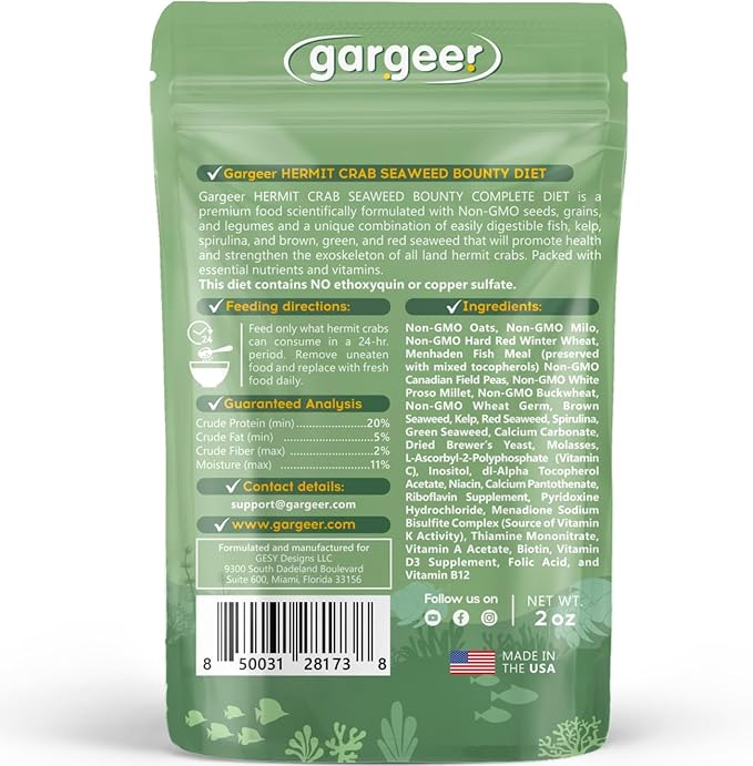 Gargeer 2oz Hermit Crab Seaweed Bounty Complete Diet. Easily Digested, Non-GMO Premium Ingredients Only. Strengthen Your Crab’s Exoskeleton, and Support All Nutritional and Immune System Needs