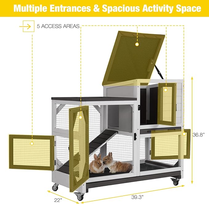 Aivituvin Rabbit Cage Indoor Outdoor Bunny Hutch on Wheels, 2 Story Wood Guinea Pig Cages with 2 Deeper Pull Out Trays (Black & White)
