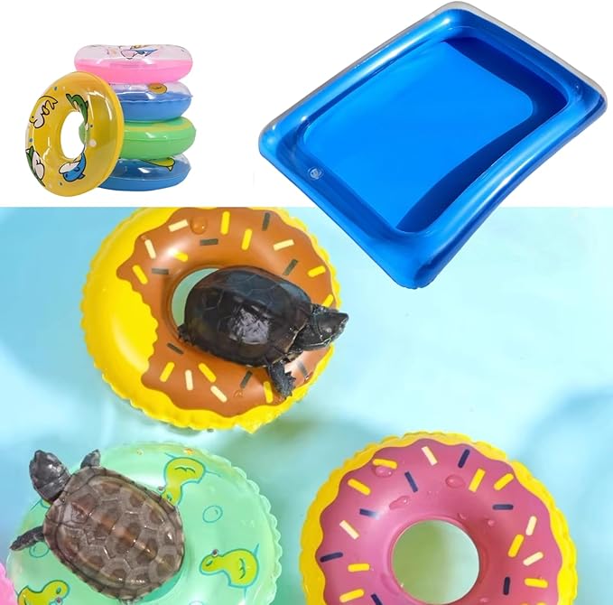 Lizard Bath Pool & Collar Rings Set - Inflatable Reptile Bathing Swimming Pool Bathtub Reptile Swim Float Ring for Leopard Gecko Amphibians Habitat Accessories Grooming Health Supplies (Blue)
