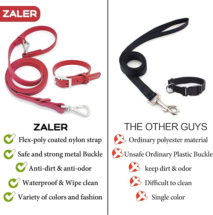 ZALER Dog Collar and Leash Set, Waterproof Adjustable Odor Proof Pet Collars Leashes Easy to Clean, 6FT Dog Leash with 2 Hooks for Large, Medium Small Dogs (L, Red)