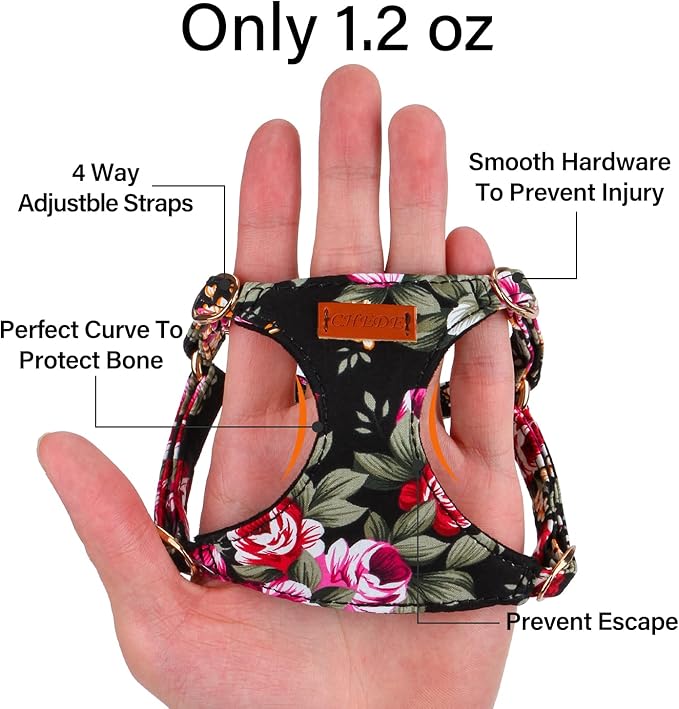 CHEDE No Pull Floral Pattern Dog Harness- Lightweight and Soft Harness, Adjustable Small Dog Harness and Leash Set, with Dog Leash, Suitable for Puppy Small and Medium-Sized Dog (XS, Black Flower)