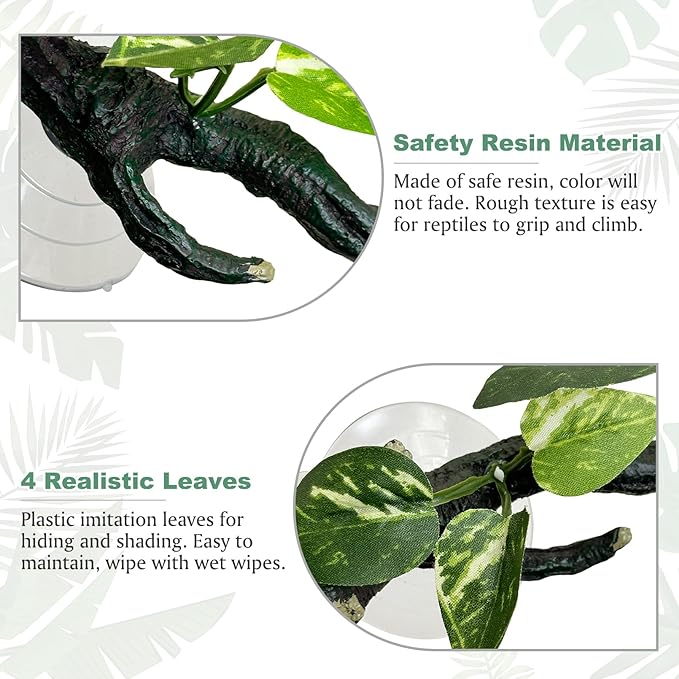 Fhiny Snake Climbing Branch, 2 PCS Resin Reptile Branches for Climbing with Suction Cups Frog Terrarium Plants Reptile Tank Decor Accessories for Frog Corn Snake Lizard Bearded Dragon Gecko