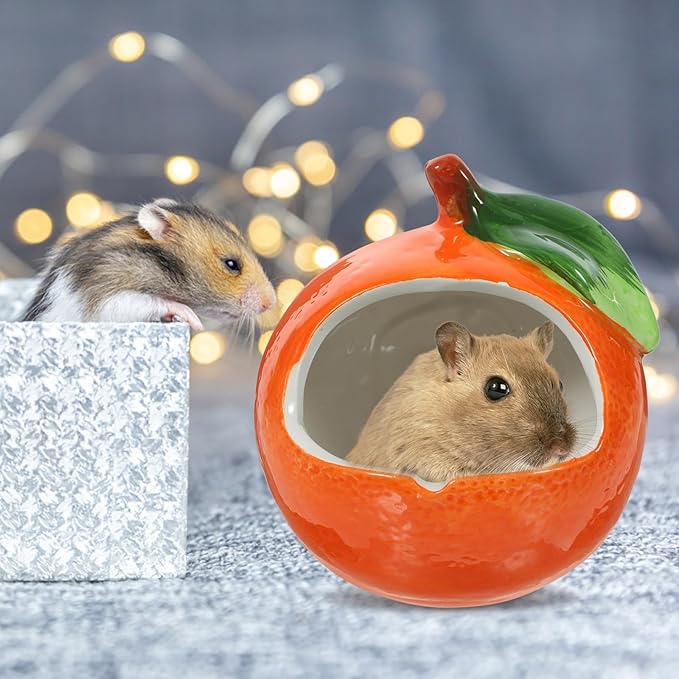 POPETPOP Ceramic Hamster Hideout: Orange Hamster House - Small Animal Hide for Chinchilla, Hedgehog, 10x10cm