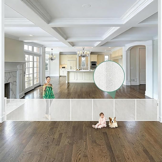 Reinforced 195 Inch Extra Wide Retractable Baby Gate Extra Long Dog Gate with Support Rods – Prevent Crawling Under, 16 Feet Mesh Baby Gate Retractable Gate Outdoor/Indoor Retractable Pet Gate, White