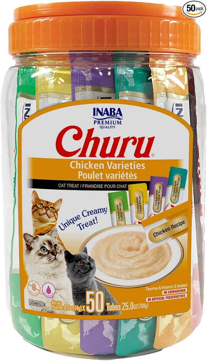INABA Churu Cat Treats, Lickable, Squeezable Creamy Purée Cat Treat with Green Tea Extract & Taurine, 0.5 Ounces Each Tube, 50 Tubes, Chicken Variety by INABA