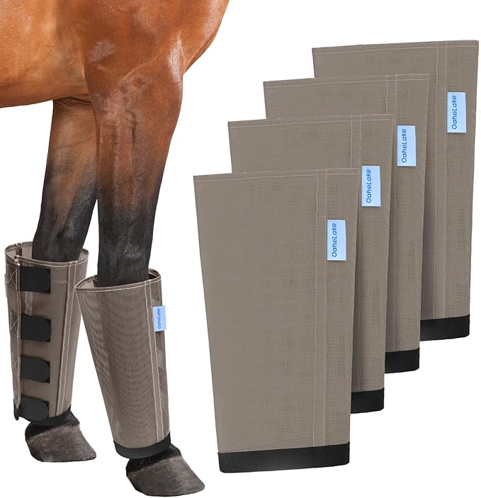 Mesh Horse Fly Boots Set of 4, Loose Fitting Leggings for Horses, Reduce Stressful Stomping, Breathable Adjustable and Universal Fit for 4 Legs, Reliable Stay Put (Camel)