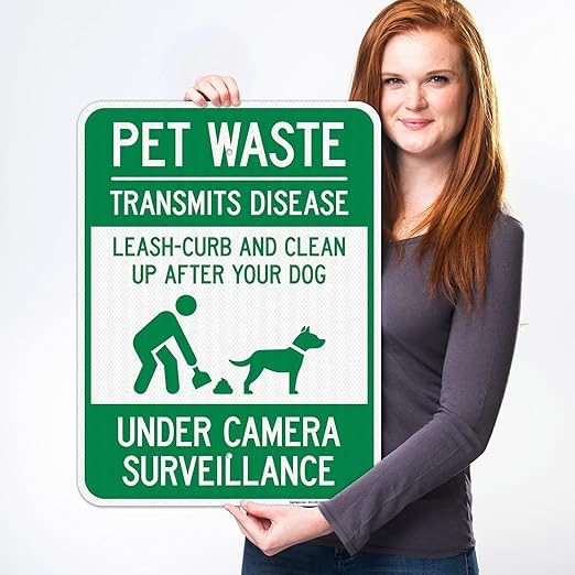 Pet Waste Leash-Curb and Clean Up After Your Dog Under Camera Surveillance Sign, (SI-63188) 18x24 Inches, 3M EGP Reflective .080 Aluminum, Fade Resistant, Made in USA