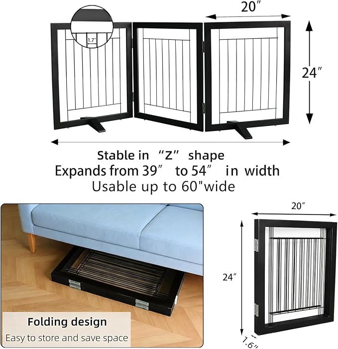 ZJSF Freestanding Dog Gate Indoor, Foldable Dog Fence for Doorways,Hallways or Stairs, Sturdy Wood Extra Wide Pet Gate with Support Feet,Black,24 "Height-3 Panels
