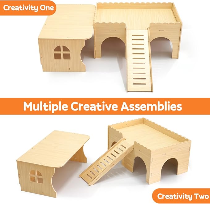 Large Two-Level Guinea Pig Hideout, Wooden Guinea Pig Castle with House, Platform and Stairs, Detachable Guinea Pigs House, Easy Assembly Accessories for Chinchillas, Hamsters, Rabbits and Guinea Pigs
