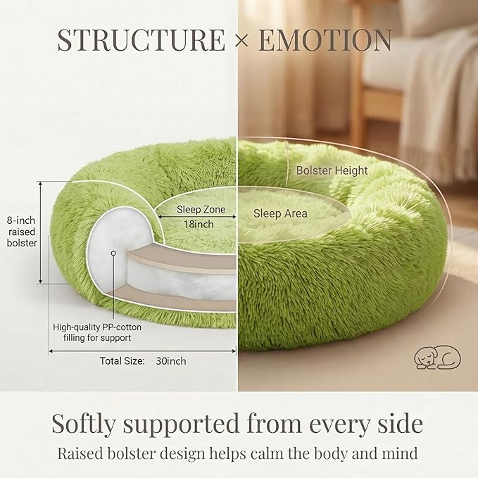 Calming Dog Bed for Medium Dogs Washable Donut 30 inches Anti-Slip Pet Bed,Round Fluffy Plush Faux Fur Cat Bed,Fits up to 45 lbs Pets,Grey