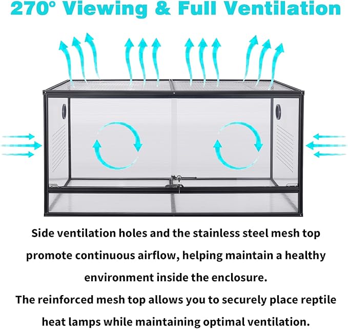 Bearded Dragon Tank 120 Gallon Reptile Terrarium 4x2x2 Ft, Aluminum Reptile Enclosure with 270° View, Mesh Top, Lockable Sliding Glass Doors