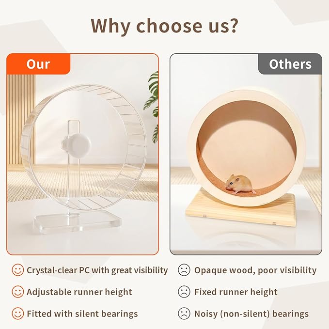 11 Inch Silent Hamster Wheel - Large Clear Running Wheel with Adjustable Stand - Quiet Spinning Exercise Wheel for Syrian Hamsters, Gerbils, Hedgehogs and Small Animals, Transparent