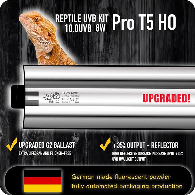 Upgraded T5 UVB Reptile Light, 10.0 UVB 8W German Made Fluorescent Lamp and Fixture Kit, for Desert-Dwelling Reptiles, Bearded Dragon,Tortoise, Snake, Strip Linear UVB Lamp Bulb,12 Inch