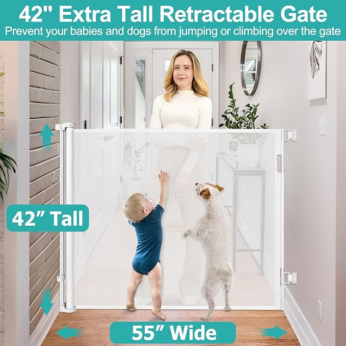 42 Inch Extra Tall Baby Gates for Doorways 55" Wide Retractable Dog Gate Indoor 3.5ft Extra Tall Baby Gates for Dogs Outdoor Retractable Gate for Stairs Prevent Kids/Pets from Jumping Over, White
