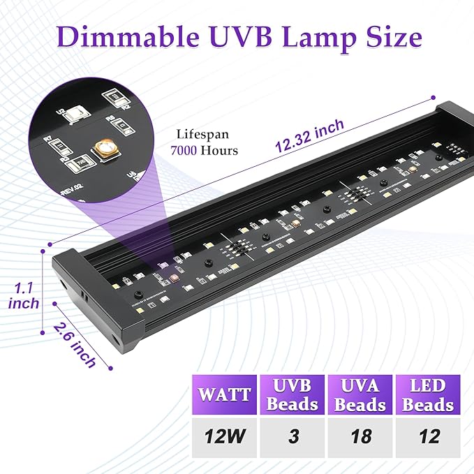 Dimmable UVB Light for Reptiles, 3 Modes Lighting, Adjustable 4, 8, 12 Hour Cycles, 12W LED UVA UVB Reptile Lamp for Bearded Dragon, Turtles, Snake and Lizard