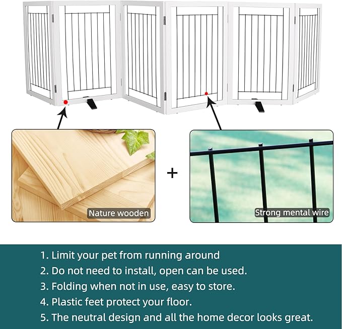 ZJSF Freestanding Dog Gate Indoor, Foldable Dog Fence for Doorways,Hallways or Stairs, Sturdy Wood Extra Wide Pet Gate with Support Feet,White,32 "Height-6 Panels