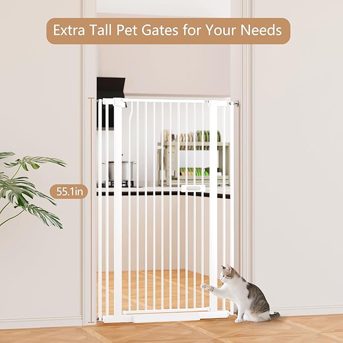 55.1" Extra Tall Cat Gate for Doorways, Dog Gate Indoor for Stairs/Hallways/Kitchen, 34-38.1" Wide Include 4.13" Extension Kits, No Drilling Auto Close High Pressure Mounted, White