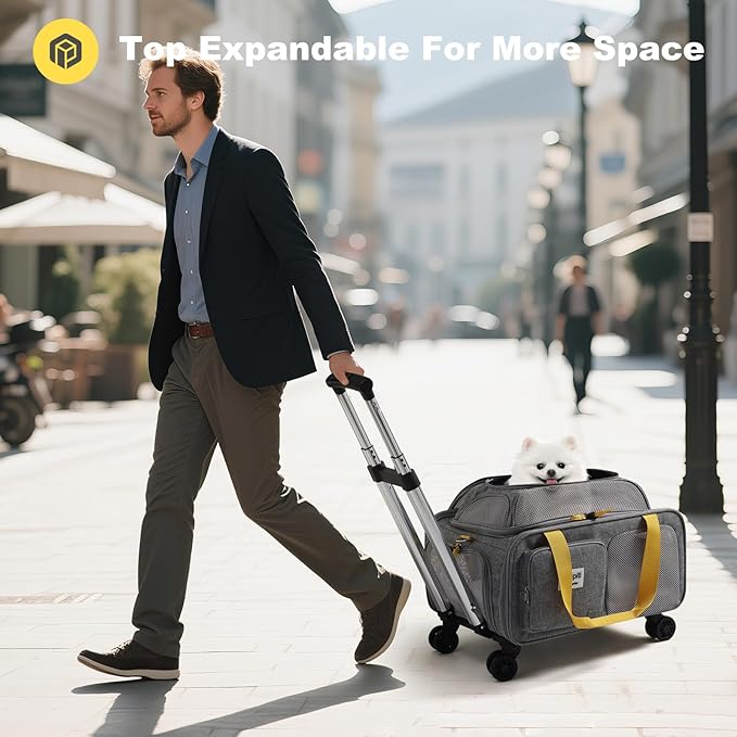 pidipiti 18x13.5x9 TSA Approved top Expandable Rolling pet Carrier for Small Dog Puppy cat up to 8 lbs and 17'' in,Soft Sided for Spirit Southwest Airline,with 4 Wheels and 2 Pockets(Grey).