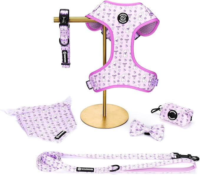 Dog Harness and Leash Collar Set with Dog Poop Bag Holder and Bandanas, Escape Proof Adjustable Puppy Cat Vest with Soft Mesh Padded, Pet Supplies for Small Medium Large Dogs Kitten(Purple, S)