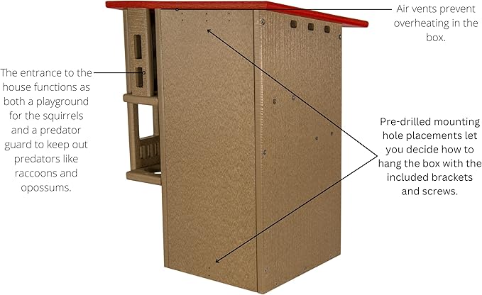JCS Wildlife Ultimate Wooden Squirrel House, Multi-Tier Squirrel Nesting House with Predator Guards, Weather-Resistant Recycled Poly Lumber, Easy-Clean Tree House for Outside, Red & Tan