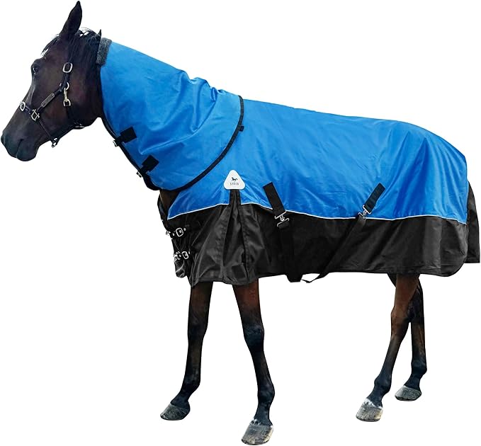 Turnout Blanket for Horses, Waterproof Thickened Horse Sheet with Detachable Neck Cover,1600D Nylon Outer, 400g Heavy Weight Filling, Blue (US 72IN(EU 135cm))